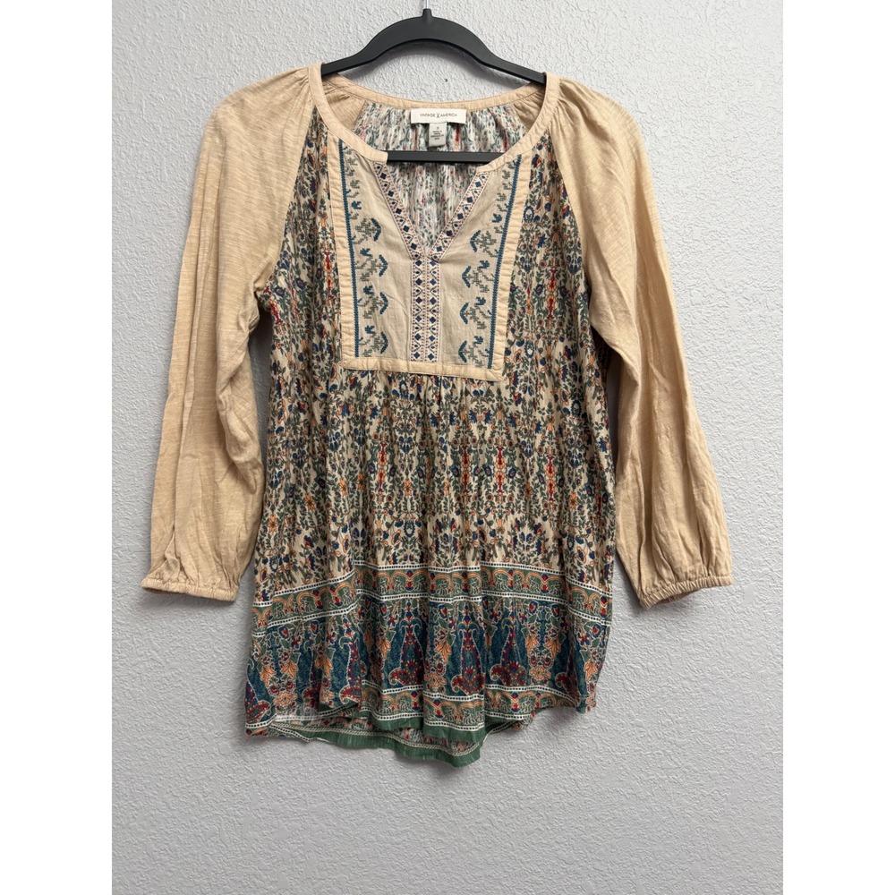 Vintage America Womens Top Small Boho Floral Paisley Embroidered Peasant Tan